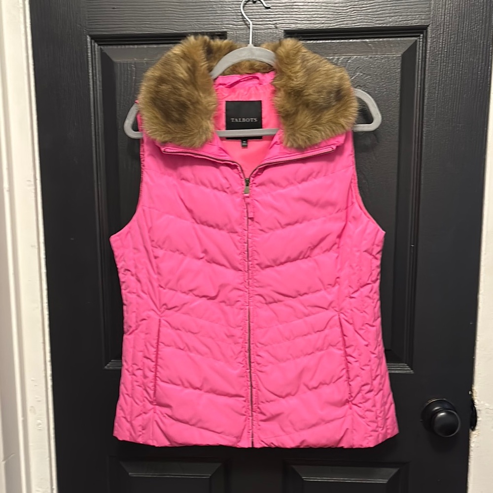 Talbots Pink Chevron Quilted Vest with Faux Fur